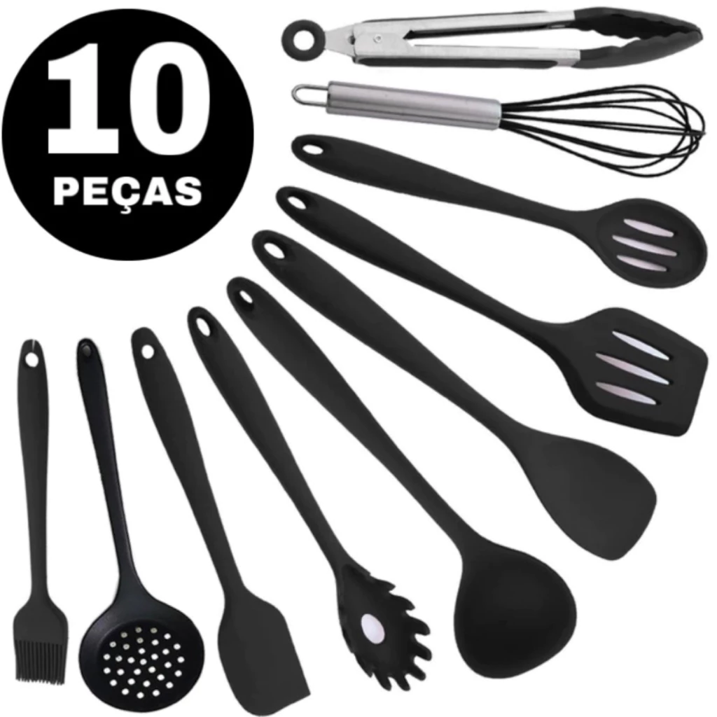 Jogo 10 Colheres De Silicone Inox Utensílios Cozinha