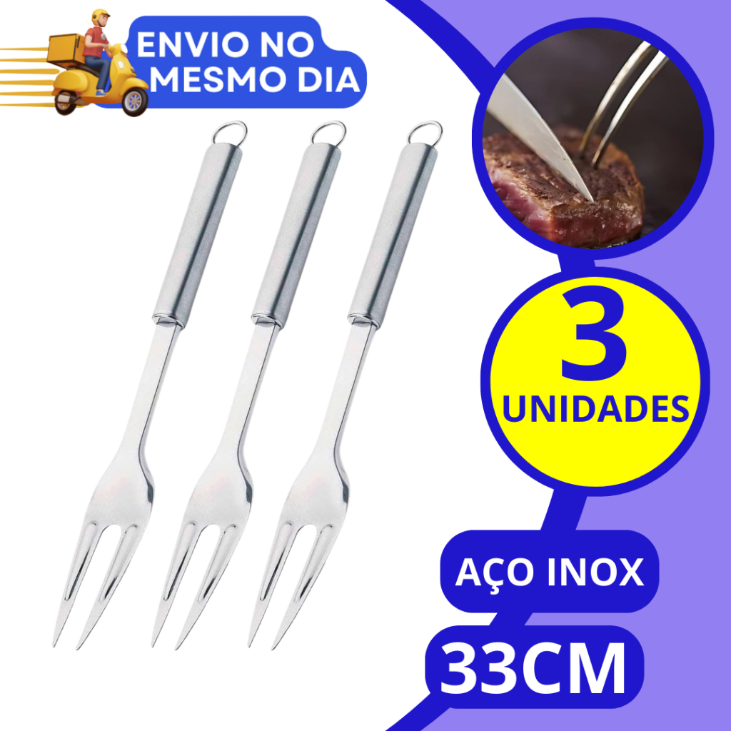 KIT 03 Garfo Trinchante Grande Inox Profissional para Churrasco Carne ...