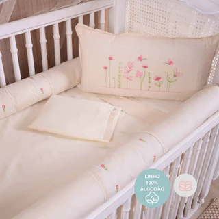 Brubrelel Baby Kit Berço Menina Luxo Linho 8 Peças 100% Algodão Bordado Premium