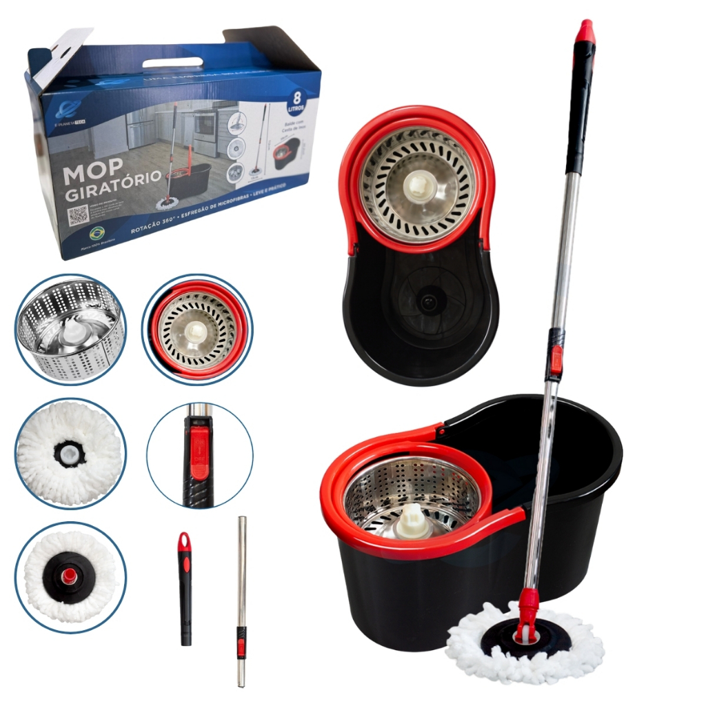 Mop Giratório Inox Cabo Regulável Balde Refil Microfibra E Alça Rodo Limpeza Resistente Centrifuga