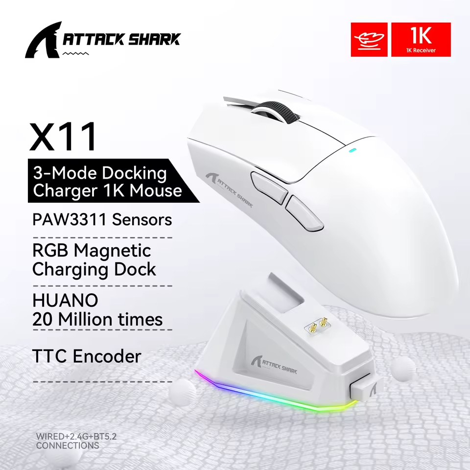 MOUSE GAMER SEM FIO ATTACK SHARK X11 WIRELLES 2.4GHZ BLUETOOTH PROFISSIONAL TIPO C PRETO BRANCO VERMELHO