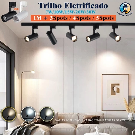 Kit de 1M Trilho Eletrificado Spot Led 7W a 30W Bivolt Kit Preto ou Branco Luz (Frio Neutro Quente)