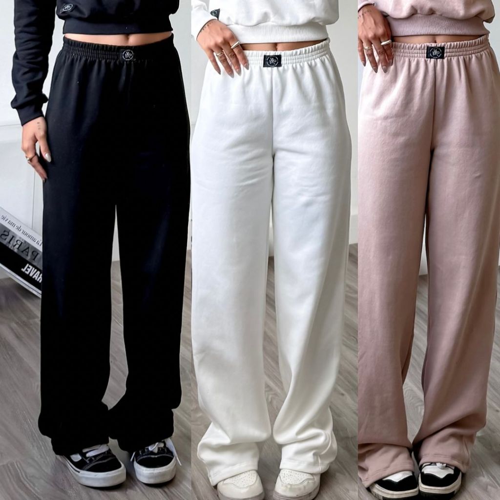 Conjunto Feminino QINSEN - Moletom Crop Top E Calça Wide Leg