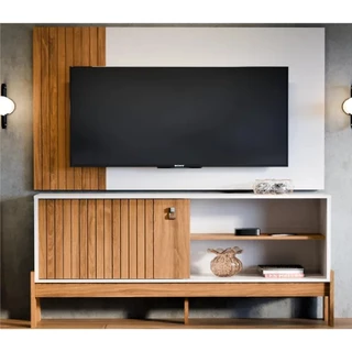 Painel com Bancada para TV até 42” – Design Moderno em Madeira e Branco com Ripado Decorativo em Oferta na Shopee