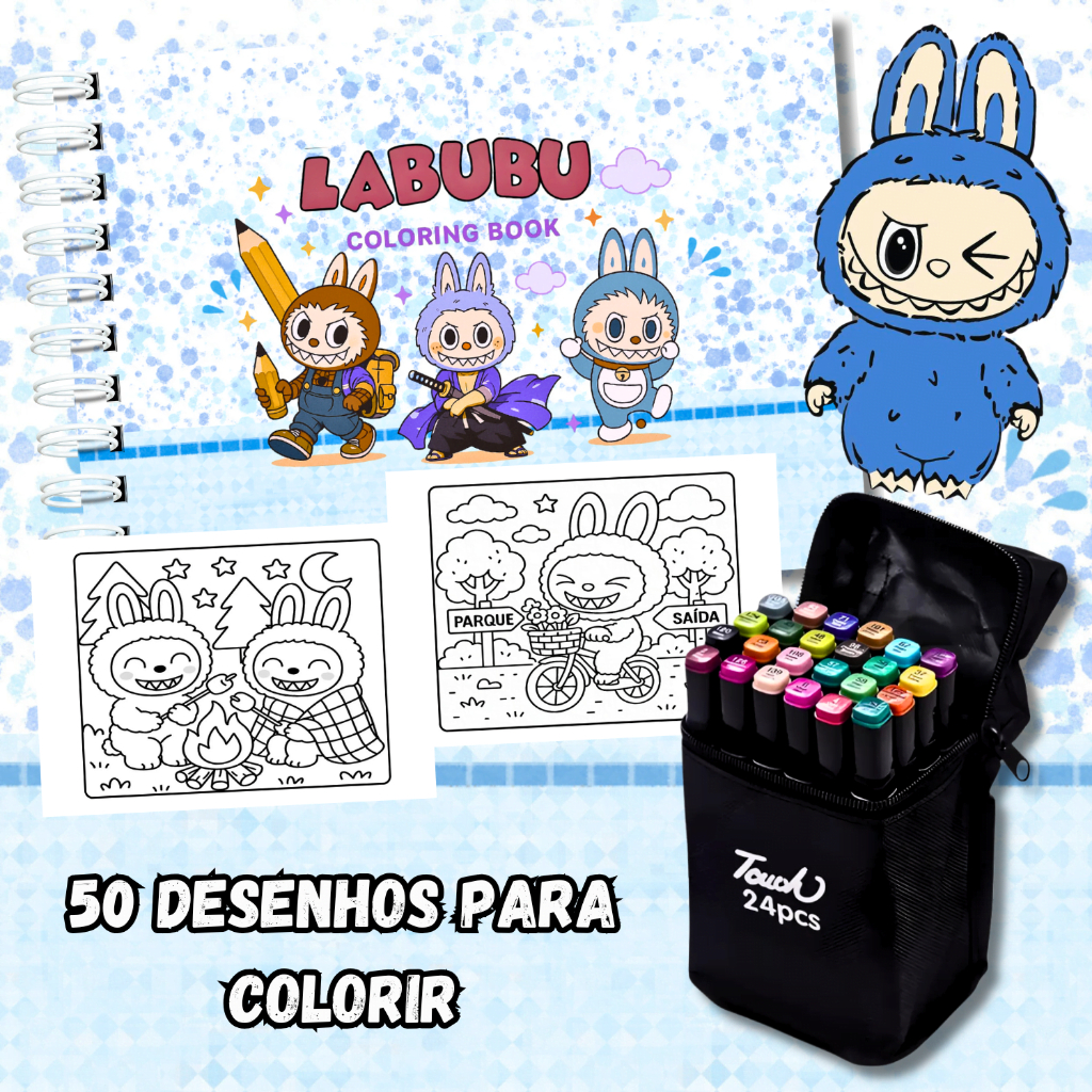 Kit Livro De Colorir Labubu Azul 50 Folhas 180g Com 24/36/48/60/80/120 ...
