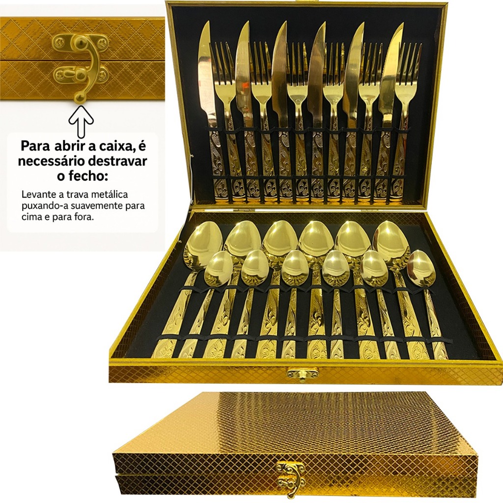 Conjunto Faqueiros Em Inox Dourado Com Maleta Kit 24 Peças De Faqueiros Jogo Talheres