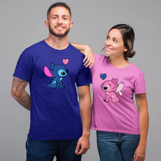 Conjunto Camiseta De Casal Combinando Lilo Stitch 100%Algodão Unissex