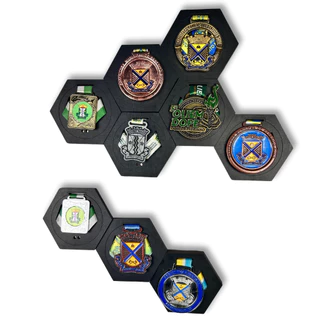 Kit com 5 Porta Medalhas Preto de MDF para Decoração de Parede - Porta Medalhas Hexagonal