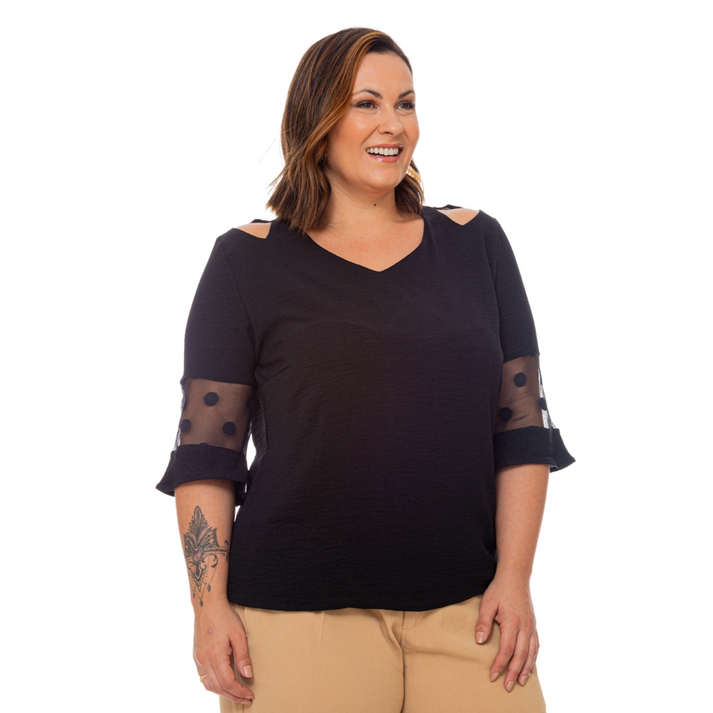 Blusa Plus Size Feminina Festa Elegante Manga 3/4 Lançamento Detalhes ...