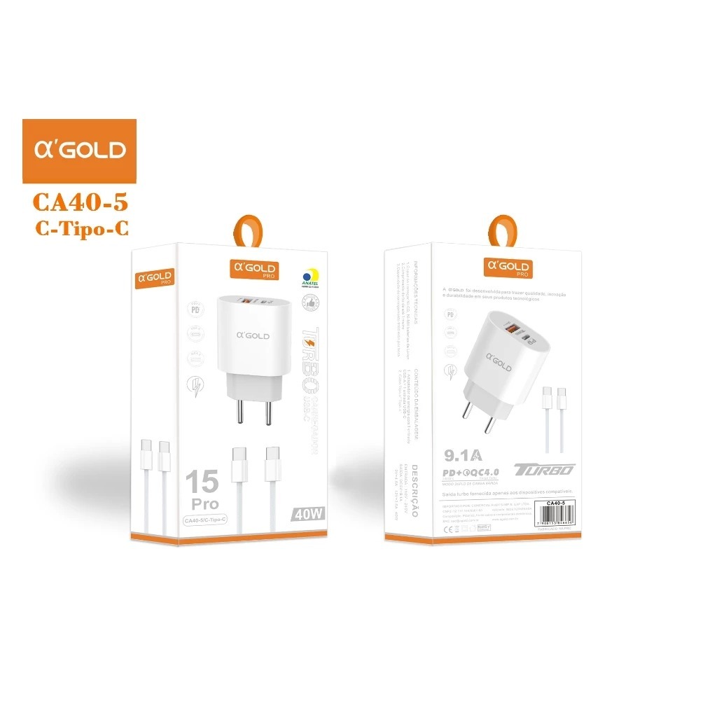 Carregador A'Gold Celular Turbo usb 40W Tipo C CA40-5 | Shopee Brasil
