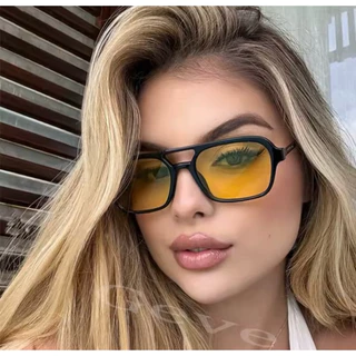 Óculos de Sol Feminino Masculino Vintage Quadrado Lentes Coloridas Hastes em Metal com Proteção UVA400