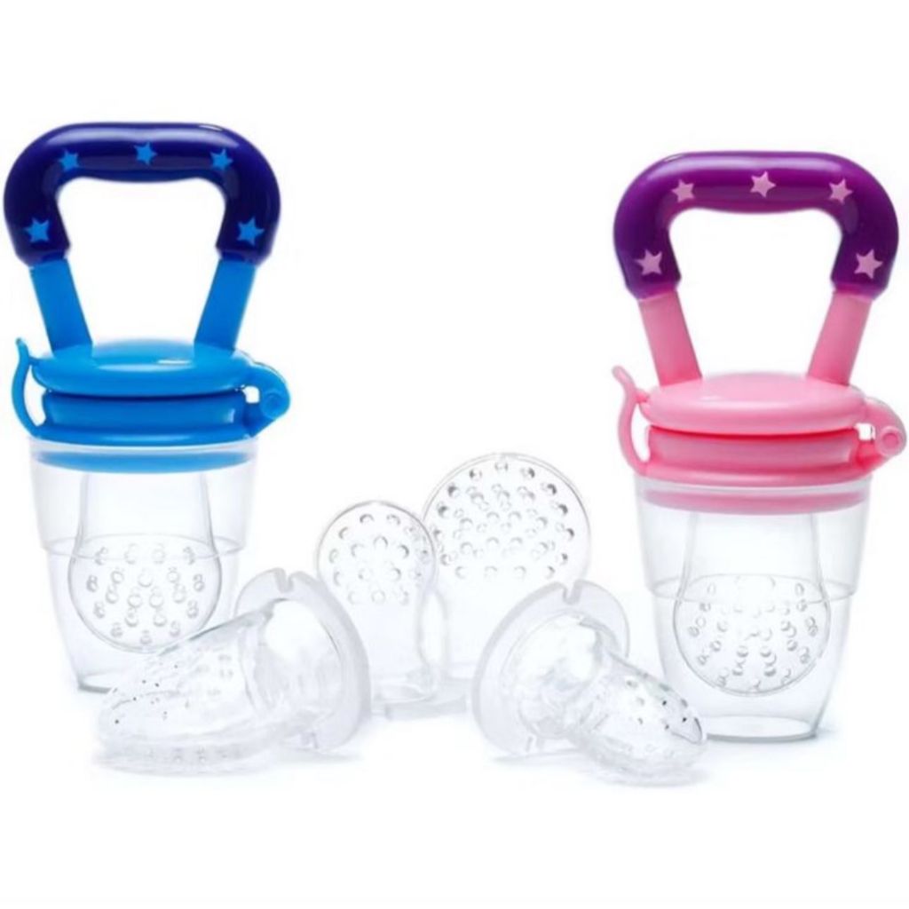 Chupeta Mordedor Alimentadora Bebê De Silicone Porta Fruta Azul e Rosa