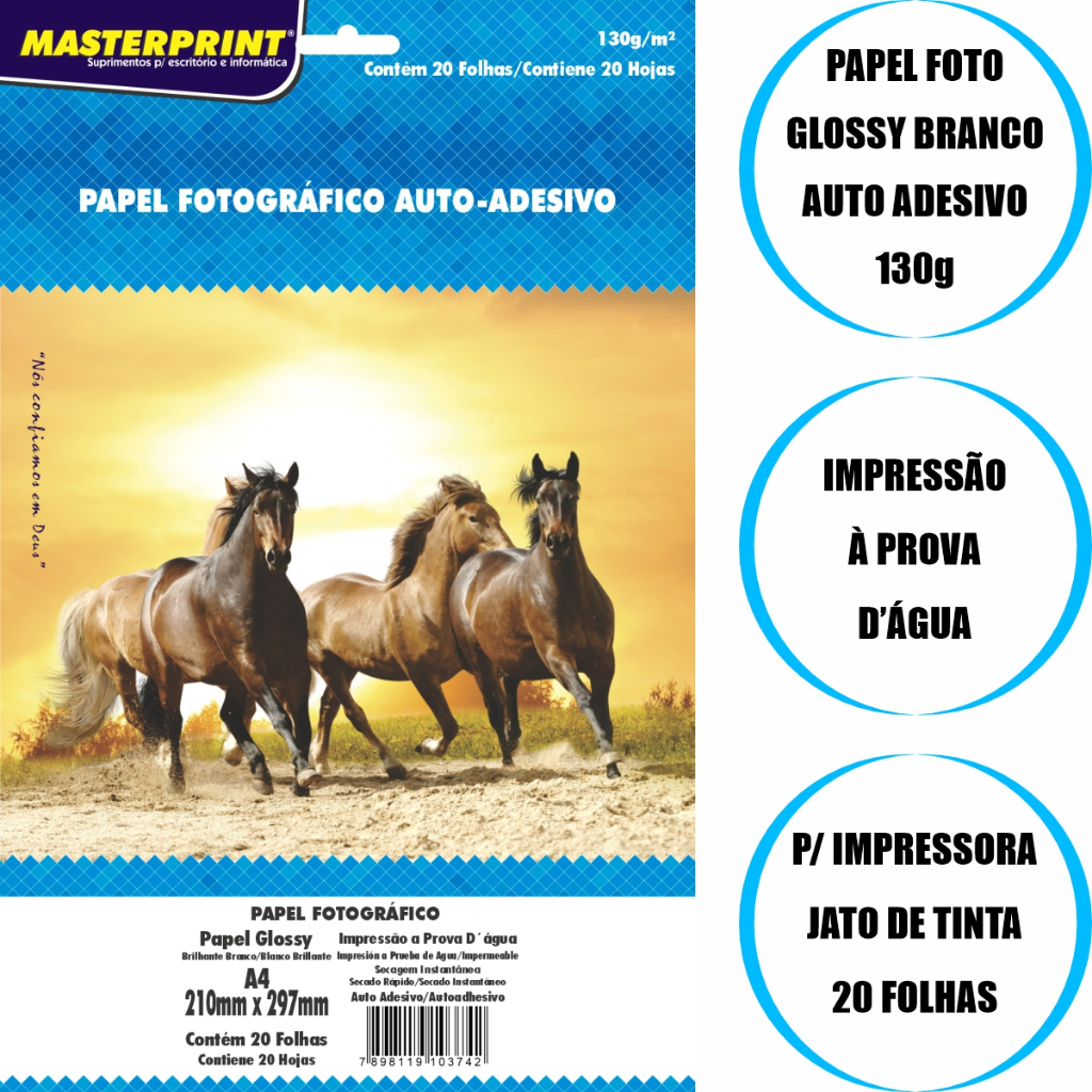 Adesivo Papel Foto Fotográfico Glossy AUTO ADESIVO 130g A4 - 20 Folhas ...