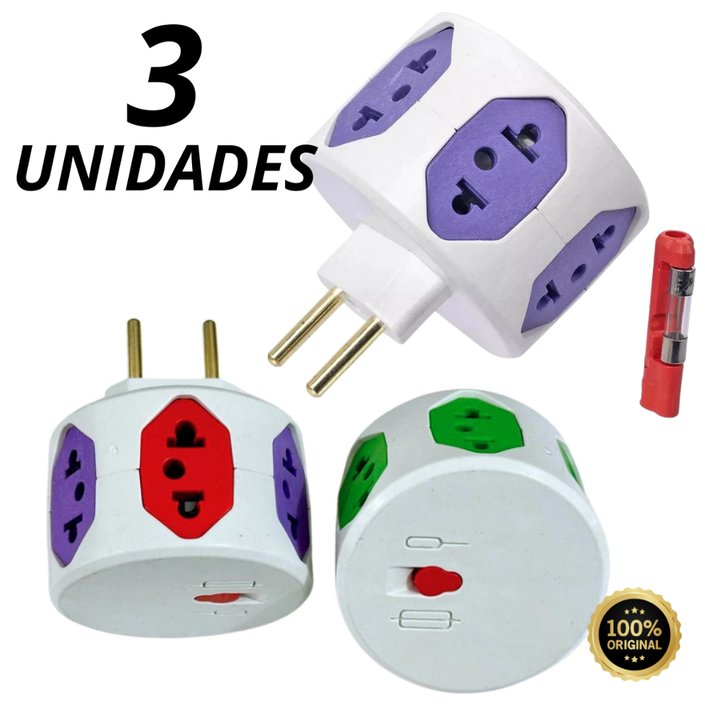 kit 3 Filtro De Linha Sem Fio Tomada Hexágono 6 Saídas Adaptador Com Fusível 10A/20A Pino Maciço Resistente