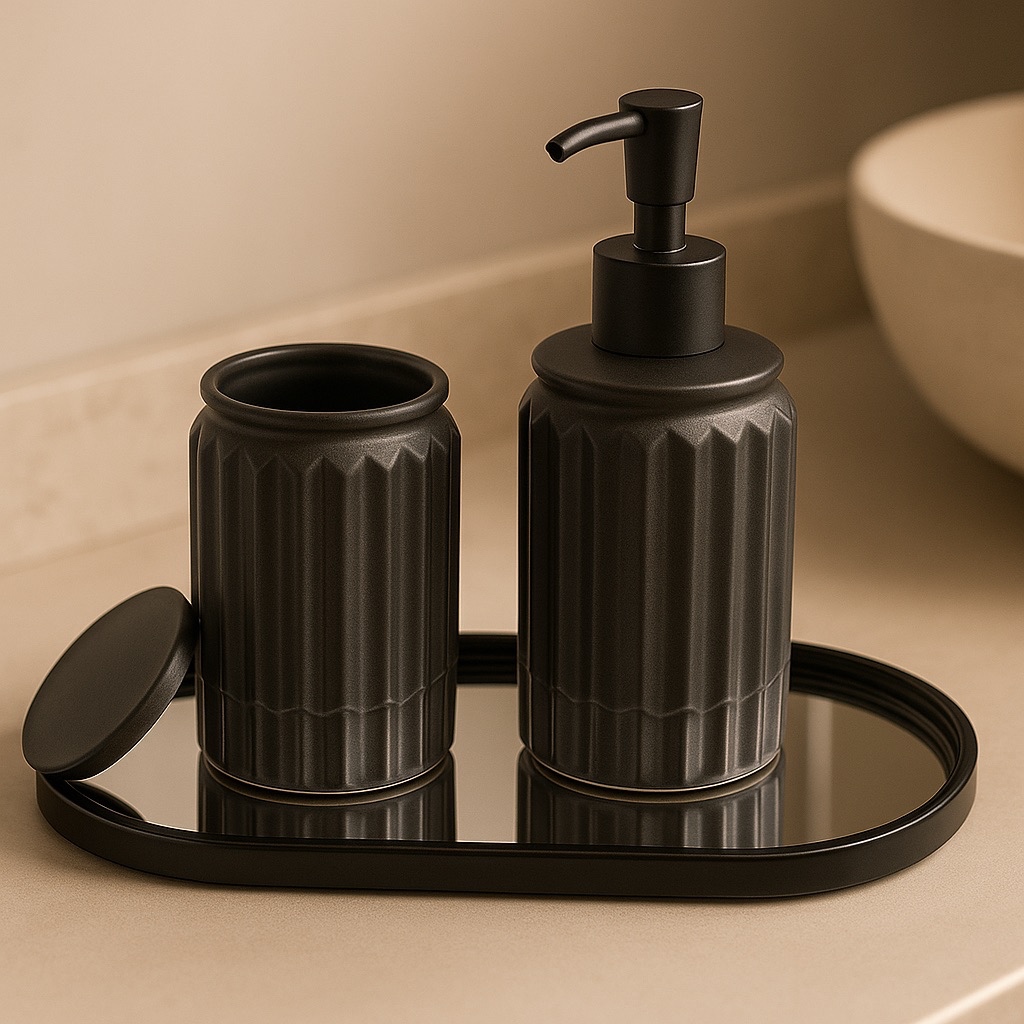Kit Banheiro Luxo 3 Peças Preto com Bandeja Espelhada e Porta Sabonete ...