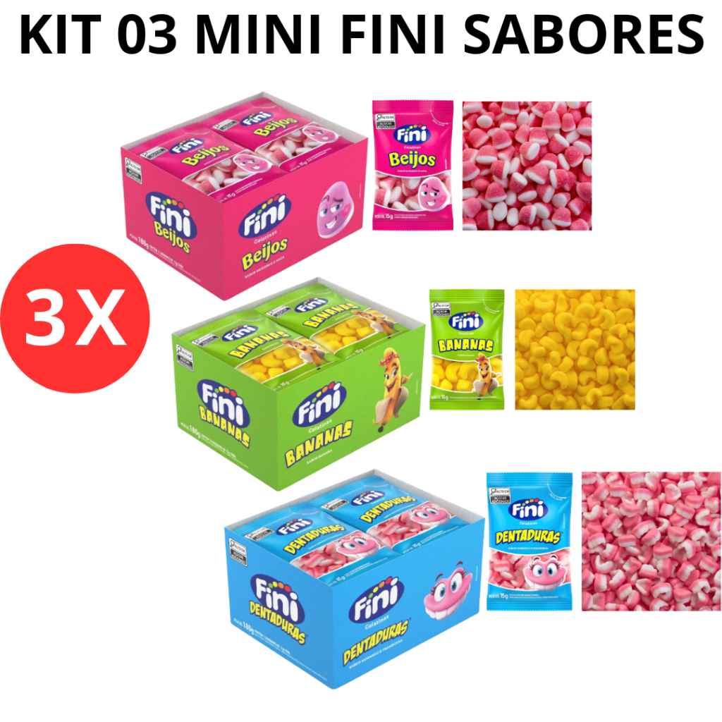 Balas Fini Gelatina Mini Beijo Morango, Mini Dentadura, Mini Bananas ...
