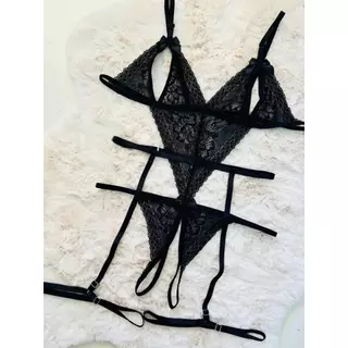 Kit Body Sexy de Renda Fio Dental Mais Cinta Liga