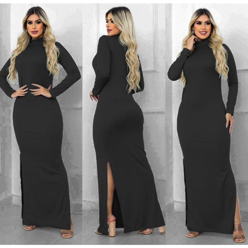 Vestido Longo Gola Alta Canelado Inverno Manga Longa Moda Frio c/ Fenda ...