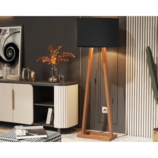 Luminária De Chão Preta Madeira Alta Cúpula Tecido Off White Decoração Sala, Escritório, Quarto em Oferta na Shopee