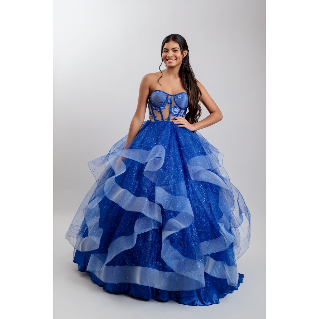 Deslumbrante Vestido de Baile corset festa debutante cascata Azul