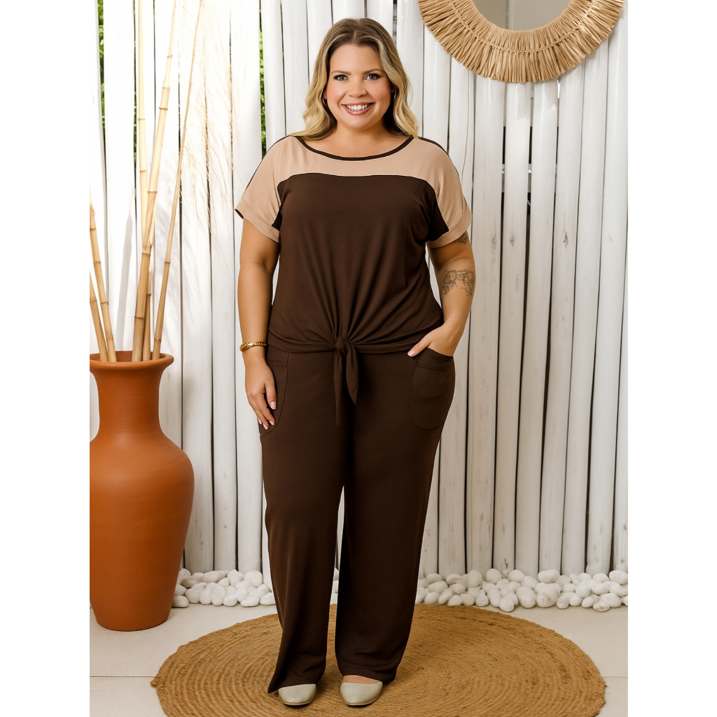 Conjunto Feminino Plus Size Blusa Amarrar Calça Pantalona Grande