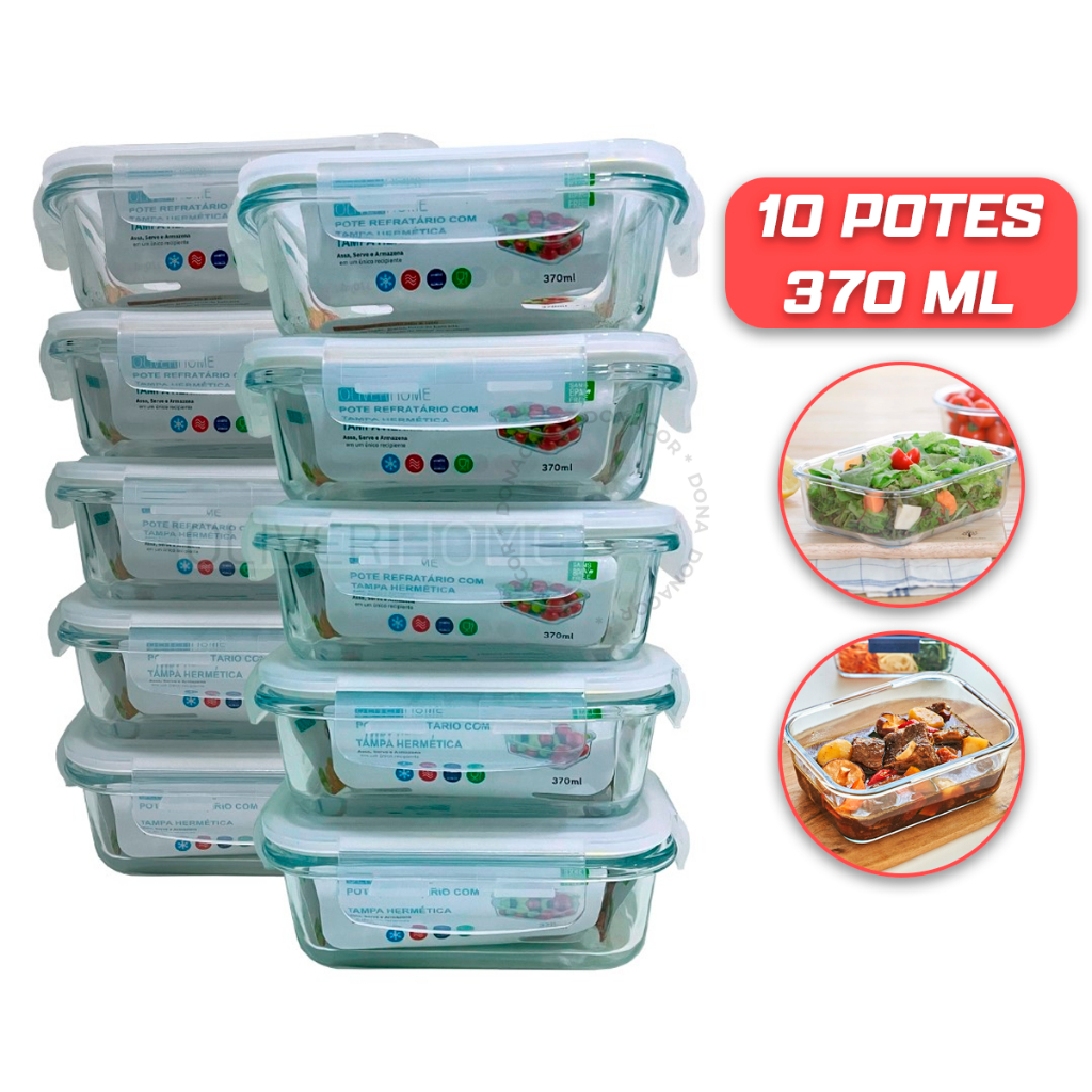 Conjunto 10 Potes Vidro Hermético mantimentos marmita 370ml - Pote Hermético - Oliver Home