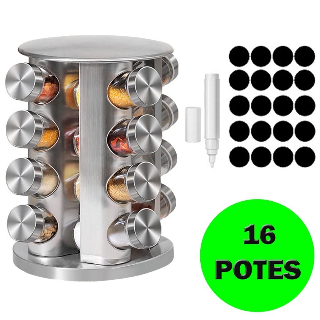 Porta Tempero 16 Redondo e Quadrdo Potes Giratório Redondo + Etiquetas e Caneta