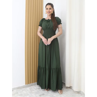 Vestido Longo Manga Bufante Elástico em Oferta na Shopee