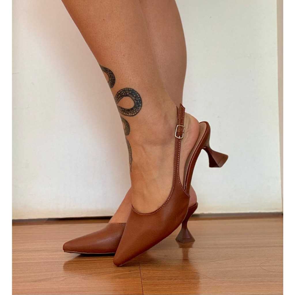 Scarpin Slingback Salto Taça Feminino Bico Fino Elegante Confortável ...