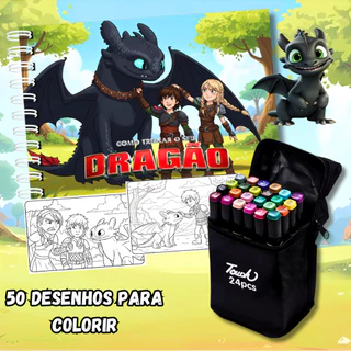 Kit Livro De Colorir Como Treinar O Seu Dragão Banguela 50 Folhas 180g Com 24 36 48 60 80 ou 120 Canetinhas