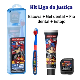 Kit Escova de dente infantil + Fio dental + Gel dental infantil Liga da Justiça em Oferta na Shopee