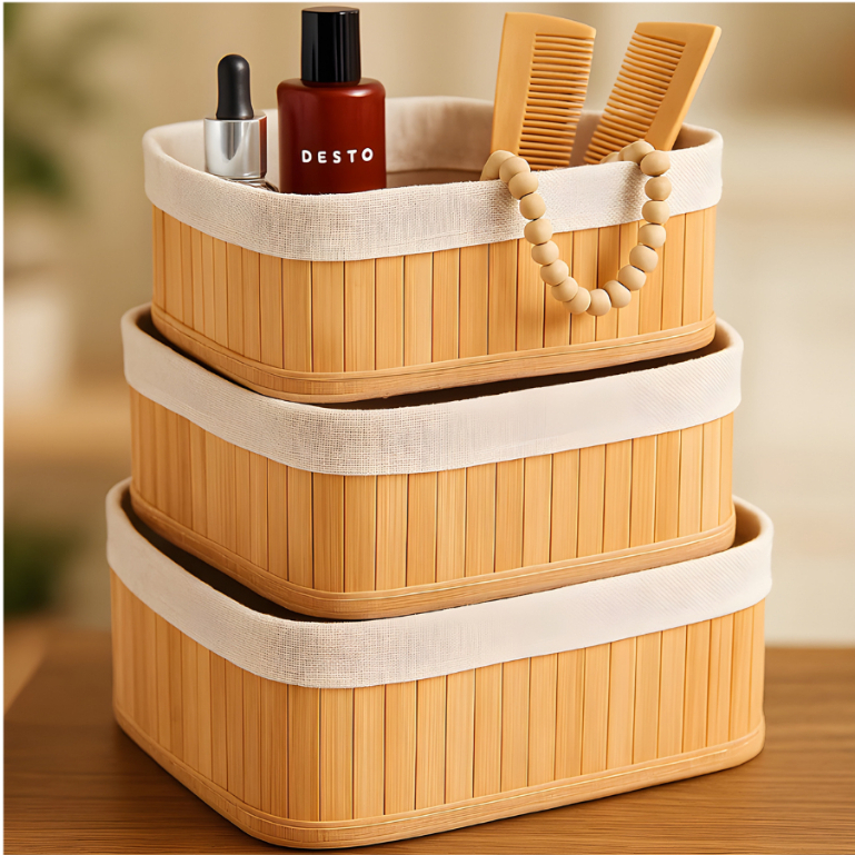 Kit 3 Cestos Organizadores de Bambu Multiuso com Forro Cesto Organizador Roupa Banheiro