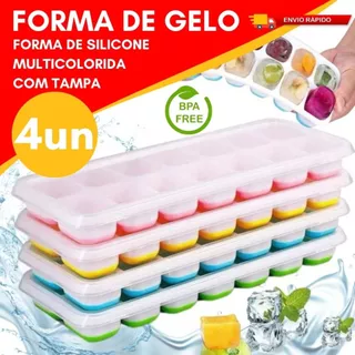 Kit 4 Forma de Gelo Em Silicone Com Tampa Flexivel Fundo Silicone 14 Cubos Higienico