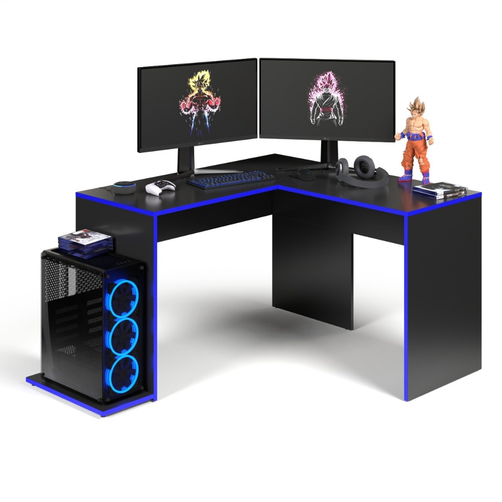 Escrivaninha Em L Mesa Para Computador Gamer Em Madeira Azul Casa Lustre