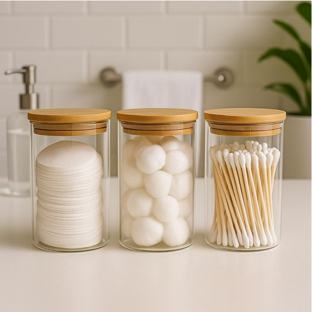 Kit 3 Potes de Vidro Hermético com Tampa de Bambu 1000ml 600ml Organização Estilo Banheiro Beleza SPA Algodão Cotonete