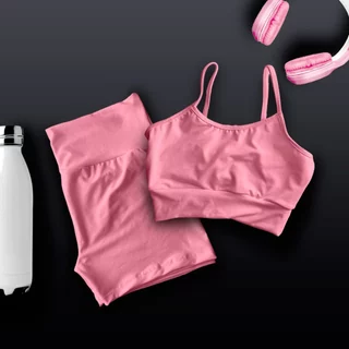 Conjunto de Academia Feminino Fitness Shorts Cintura Alta Top Alça Forrado(PP ao GG)