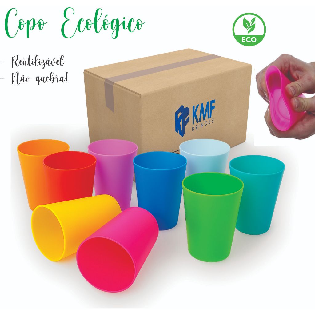 100 Copos ECO 300ml Ecológico, Flexível, Não Quebra, Copo Plástico PP, Caldereta, Festa Infantil