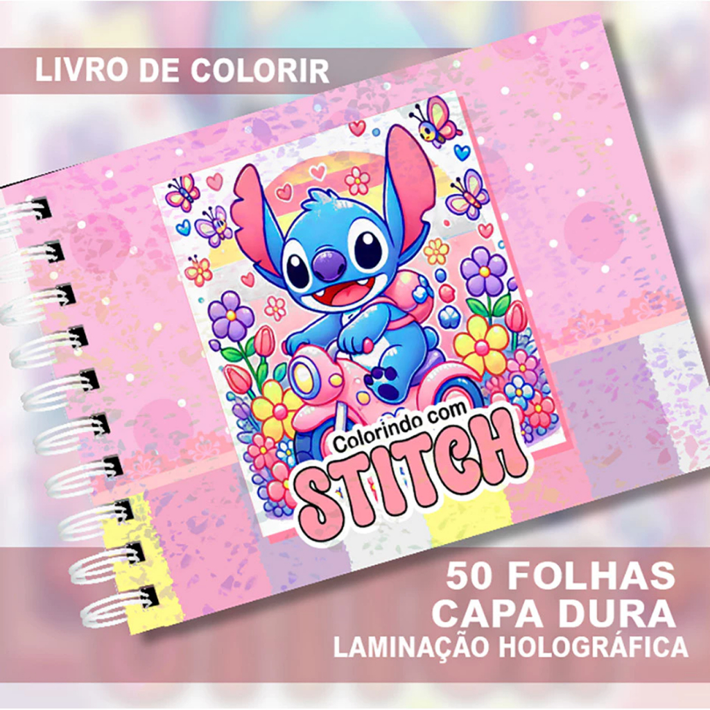 Livro de Colorir Stitch Capa Dura Holográfica 50 Folhas Caderno de ...