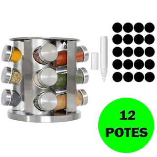 Porta Tempero Condimento Inox 12 Potes Frascos Tampa Inox Suporte Giratório Decoração Cozinha