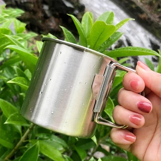 Caneca Portátil de Aço Inoxidável 500ml com Alça Dobrável para Acampamento e Viagens