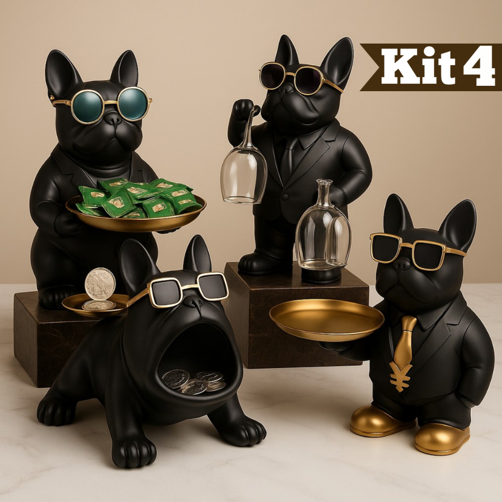 Escultura Decorativa Enfeite Bulldog Cachorro Com Bandeja e Óculos