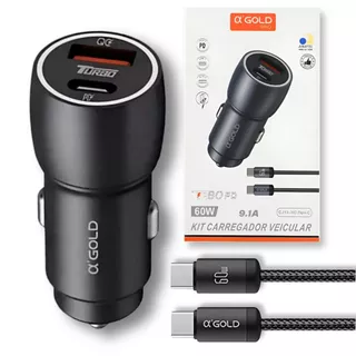 Carregador Turbo 60w Veicular Kit Com Cabo Tipo-C Tipo-C Preto em Liga de Aluminio