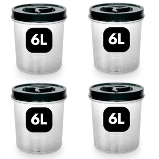 4 Potes Mantimento 6 Litros Tampa Rosca Pote Redondo Transparente Erca BPA FREE Arroz Feijão Cereais