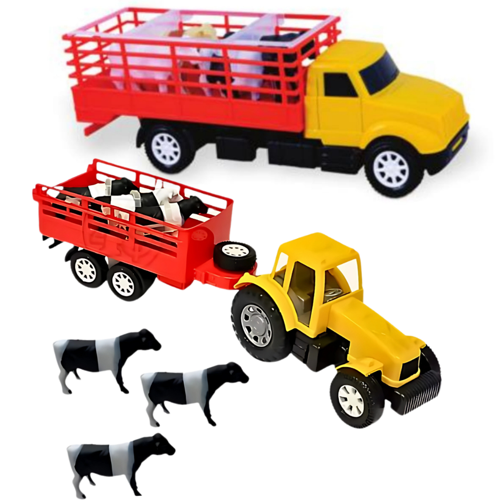Kit Trator Animais 3 Boizinhos Caminhão Boiadeiro Com 4 Bois Brinquedo ...
