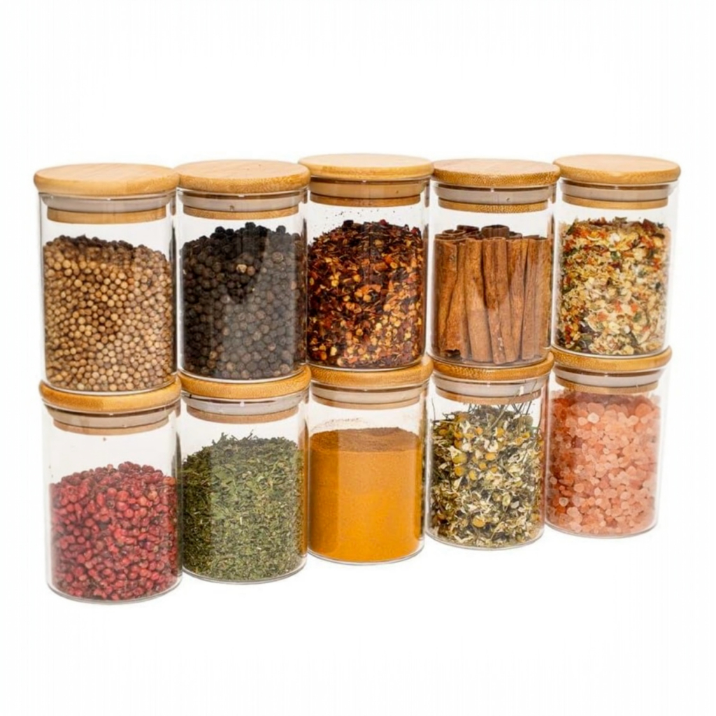 Kit Potes Temperos Condimentos Herméticos Vidro Tampa de Bambu | Shopee ...