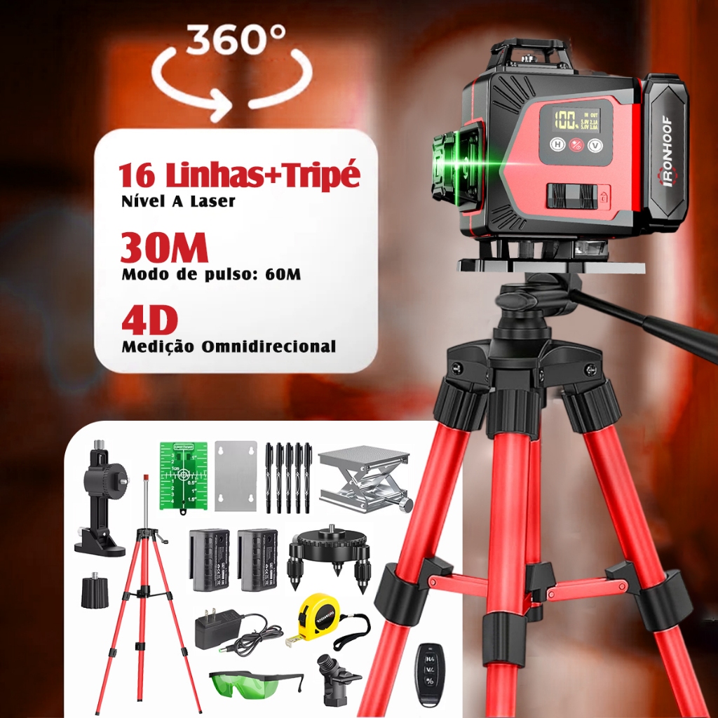 Nível A Laser Profissional Verde 2/16 Linhas Autonivelamento 4D 30m 360 ...
