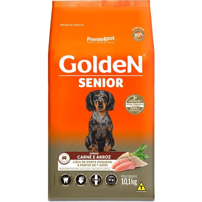RAÇÃO GOLDEN CÃES SENIOR PORTE PEQUENO CARNE E ARROZ 10.1KG | Shopee Brasil