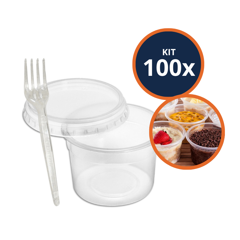 Kit 100 Potes Redondos 250ml Com Tampa E 100 Garfos de Sobremesa ...