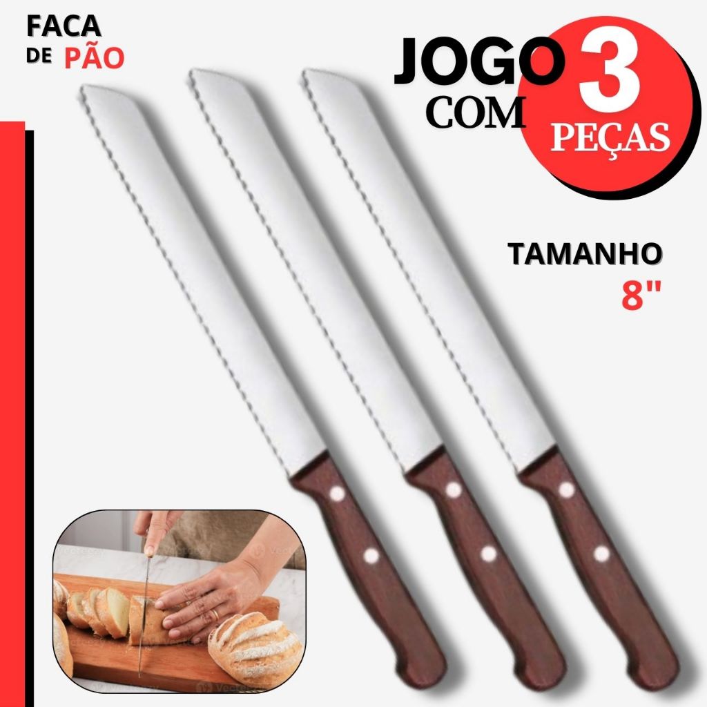 Faca Pão e Bolos INOX 8" com Serrilhada Cabo Madeira 3 