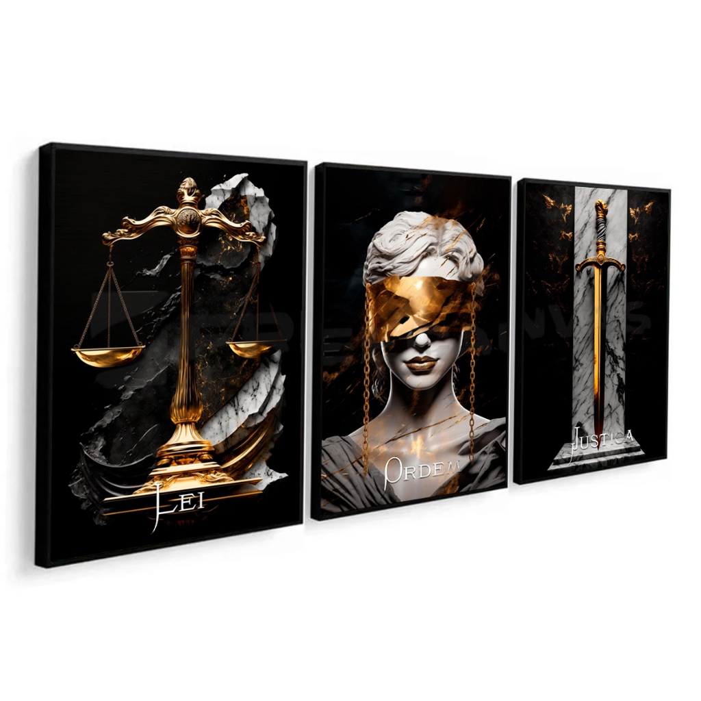 Kit Quadro Decorativo 3 Pç Deusa da Justiça Balança Espada Frase Lei ...